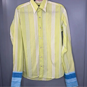 Ted Baker Button Down Shirt French Cuff Sleeve Green Stripe Size 3 Small
